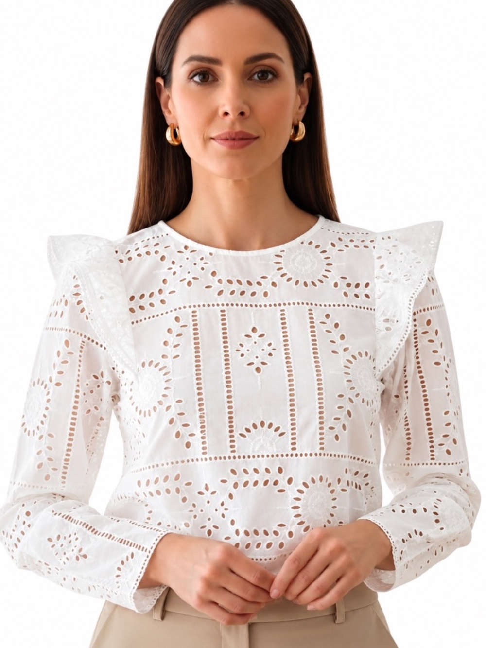 The Kooples NWT Flower Embroidery Eyelet Ruffle Blouse White Women Size L